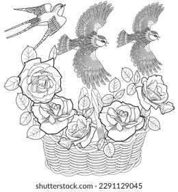 Art therapy coloring page. Coloring book antistress for children and adults. Birds and flowers hand drawn in vintage style . Ideal for those who want to feel more connected to nature.