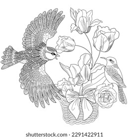 Art therapy coloring page. Coloring book antistress for children and adults. Birds and flowers hand drawn in vintage style . Ideal for those who want to feel more connected to nature.