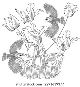 Art therapy coloring page. Coloring book antistress for children and adults. Birds and flowers hand drawn in vintage style . Ideal for those who want to feel more connected to nature.