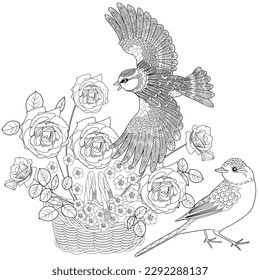Art therapy coloring page. Coloring book antistress for children and adults. Birds and flowers hand drawn in vintage style . Ideal for those who want to feel more connected to nature.