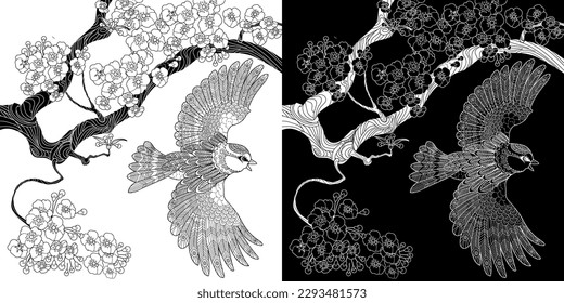 Art therapy coloring page. Coloring book antistress for children and adults. Birds and flowers hand drawn in vintage style . Ideal for those who want to feel more connected to nature.
