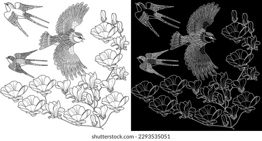 Art therapy coloring page. Coloring book antistress for children and adults. Birds and flowers hand drawn in vintage style . Ideal for those who want to feel more connected to nature.
