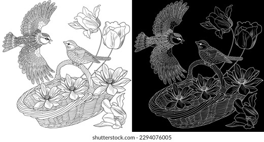 Página de coloreo de la terapia artística. Antiestrés en libros de colores para niños y adultos. Aves y flores dibujadas a mano en un estilo vintage. Ideal para los que quieren sentirse más conectados con la naturaleza.
