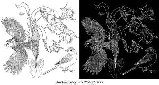Art therapy coloring page. Coloring book antistress for children and adults. Birds and flowers hand drawn in vintage style . Ideal for those who want to feel more connected to nature.
