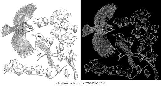 Art therapy coloring page. Coloring book antistress for children and adults. Birds and flowers hand drawn in vintage style . Ideal for those who want to feel more connected to nature.
