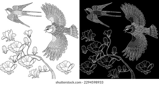 Art therapy coloring page. Coloring book antistress for children and adults. Birds and flowers hand drawn in vintage style . Ideal for those who want to feel more connected to nature.
