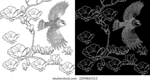 Art therapy coloring page. Coloring book antistress for children and adults. Birds and flowers hand drawn in vintage style . Ideal for those who want to feel more connected to nature.
