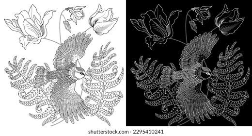 Art therapy coloring page. Coloring book antistress for children and adults. Birds and flowers hand drawn in vintage style . Ideal for those who want to feel more connected to nature.