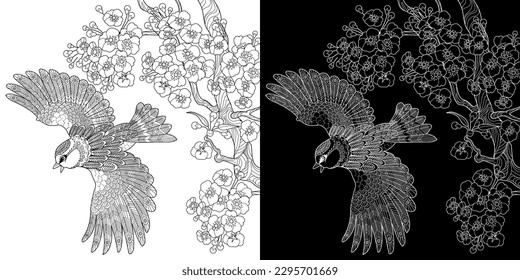 Art therapy coloring page. Coloring book antistress for children and adults. Birds and flowers hand drawn in vintage style . Ideal for those who want to feel more connected to nature.