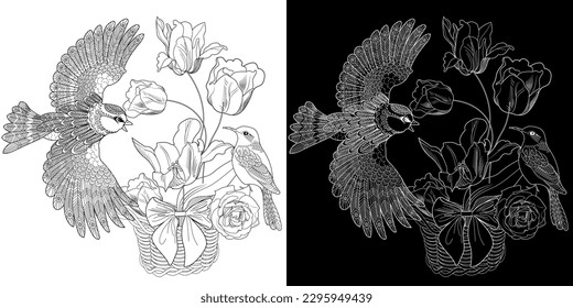 Art therapy coloring page. Coloring book antistress for children and adults. Birds and flowers hand drawn in vintage style . Ideal for those who want to feel more connected to nature.