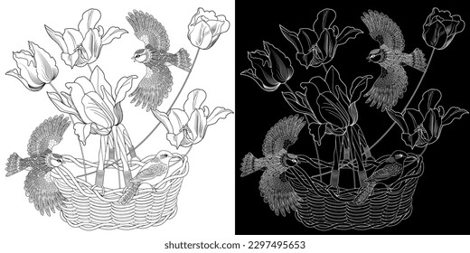 Art therapy coloring page. Coloring book antistress for children and adults. Birds and flowers hand drawn in vintage style . Ideal for those who want to feel more connected to nature.