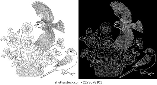 Art therapy coloring page. Coloring book antistress for children and adults. Birds and flowers hand drawn in vintage style . Ideal for those who want to feel more connected to nature