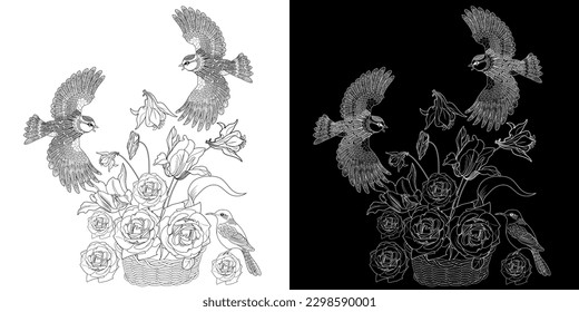 Art therapy coloring page. Coloring book antistress for children and adults. Birds and flowers hand drawn in vintage style . Ideal for those who want to feel more connected to nature.