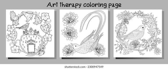 Art therapy coloring page. Coloring book antistress for children and adults. Birds and flowers hand drawn in vintage style . Ideal for those who want to feel more connected to nature.