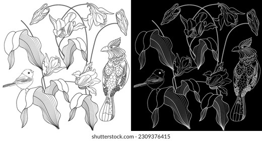 Art therapy coloring page. Coloring book antistress for children and adults. Birds and flowers hand drawn in vintage style . Ideal for those who want to feel more connected to nature.
