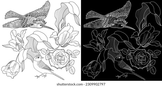 Art therapy coloring page. Coloring book antistress for children and adults. Birds and flowers hand drawn in vintage style . Ideal for those who want to feel more connected to nature.
