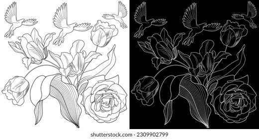 Art therapy coloring page. Coloring book antistress for children and adults. Birds and flowers hand drawn in vintage style . Ideal for those who want to feel more connected to nature.
