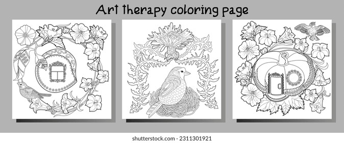 Art therapy coloring page. Coloring book antistress for children and adults. Birds and flowers hand drawn in vintage style . Ideal for those who want to feel more connected to nature.