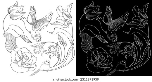 Art therapy coloring page. Coloring book antistress for children and adults. Birds and flowers hand drawn in vintage style . Ideal for those who want to feel more connected to nature.
