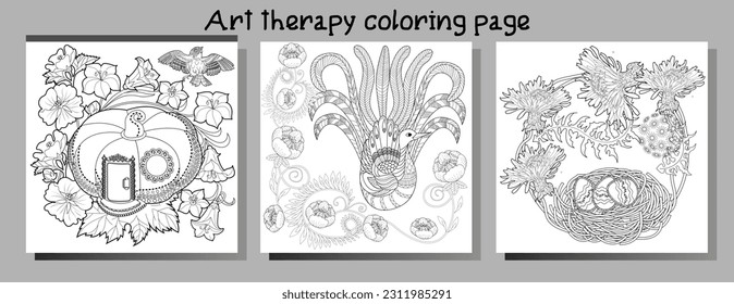 Art therapy coloring page. Coloring book antistress for children and adults. Birds and flowers hand drawn in vintage style . Ideal for those who want to feel more connected to nature.