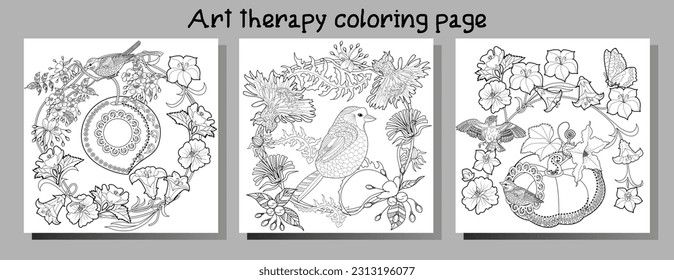 Art therapy coloring page. Coloring book antistress for children and adults. Birds and flowers hand drawn in vintage style . Ideal for those who want to feel more connected to nature.