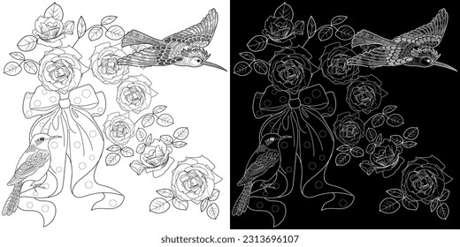 Art therapy coloring page. Coloring book antistress for children and adults. Birds and flowers hand drawn in vintage style . Ideal for those who want to feel more connected to nature.
