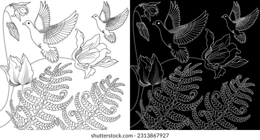 Art therapy coloring page. Coloring book antistress for children and adults. Birds and flowers hand drawn in vintage style . Ideal for those who want to feel more connected to nature.
