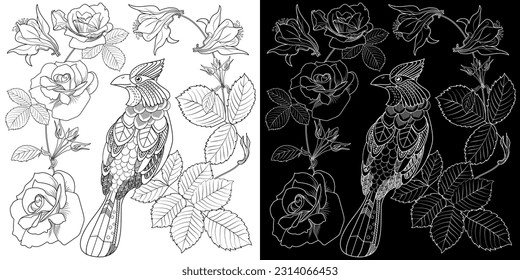 Art therapy coloring page. Coloring book antistress for children and adults. Birds and flowers hand drawn in vintage style . Ideal for those who want to feel more connected to nature.
