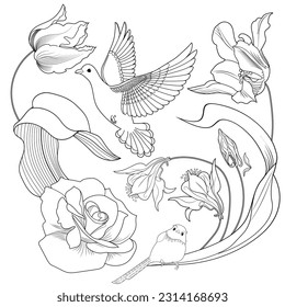 Art therapy coloring page. Coloring book antistress for children and adults. Birds and flowers hand drawn in vintage style . Ideal for those who want to feel more connected to nature.
