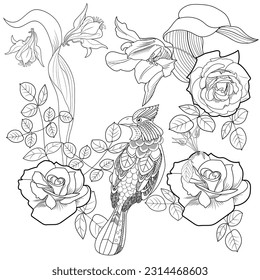 Art therapy coloring page. Coloring book antistress for children and adults. Birds and flowers hand drawn in vintage style . Ideal for those who want to feel more connected to nature.
