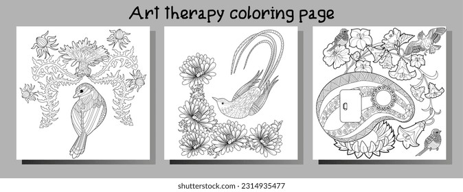 Art therapy coloring page. Coloring book antistress for children and adults. Birds and flowers hand drawn in vintage style . Ideal for those who want to feel more connected to nature.