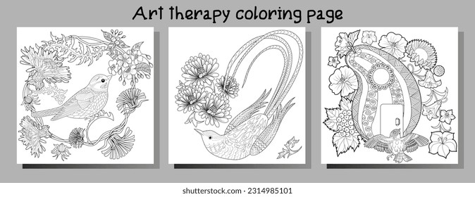 Art therapy coloring page. Coloring book antistress for children and adults. Birds and flowers hand drawn in vintage style . Ideal for those who want to feel more connected to nature.