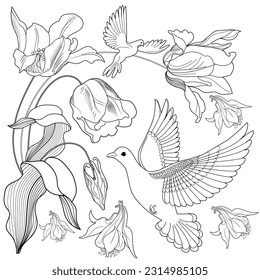 Art therapy coloring page. Coloring book antistress for children and adults. Birds and flowers hand drawn in vintage style . Ideal for those who want to feel more connected to nature.
