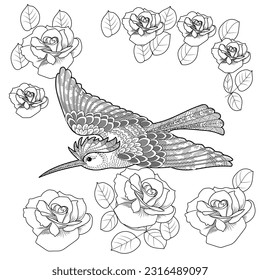 Art therapy coloring page. Coloring book antistress for children and adults. Birds and flowers hand drawn in vintage style . Ideal for those who want to feel more connected to nature.

