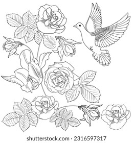 Art therapy coloring page. Coloring book antistress for children and adults. Birds and flowers hand drawn in vintage style . Ideal for those who want to feel more connected to nature.
