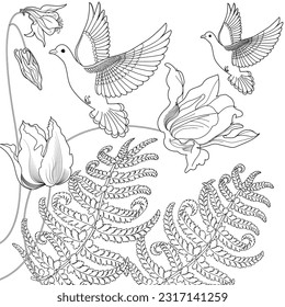 Art therapy coloring page. Coloring book antistress for children and adults. Birds and flowers hand drawn in vintage style . Ideal for those who want to feel more connected to nature.

