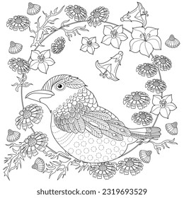 Art therapy coloring page. Coloring book antistress for children and adults. Birds and flowers hand drawn in vintage style . Ideal for those who want to feel more connected to nature.
