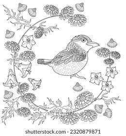 Art therapy coloring page. Coloring book antistress for children and adults. Birds and flowers hand drawn in vintage style . Ideal for those who want to feel more connected to nature.
