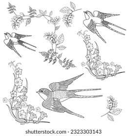 Art therapy coloring page. Coloring book antistress for children and adults. Birds and flowers hand drawn in vintage style . Ideal for those who want to feel more connected to nature.
