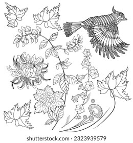 Art therapy coloring page. Coloring book antistress for children and adults. Birds and flowers hand drawn in vintage style . Ideal for those who want to feel more connected to nature.
