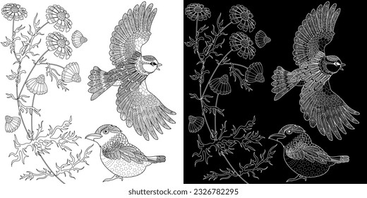Art therapy coloring page. Coloring book antistress for children and adults. Birds and flowers hand drawn in vintage style . Ideal for those who want to feel more connected to nature.
