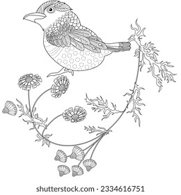 Art therapy coloring page. Coloring book antistress for children and adults. Birds and flowers hand drawn in vintage style . Ideal for those who want to feel more connected to nature.
