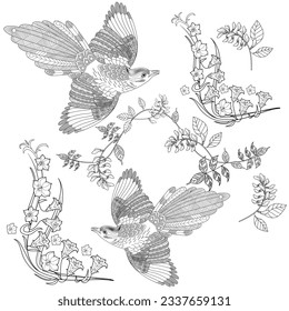 Art therapy coloring page. Coloring book antistress for children and adults. Birds and flowers hand drawn in vintage style . Ideal for those who want to feel more connected to nature.
