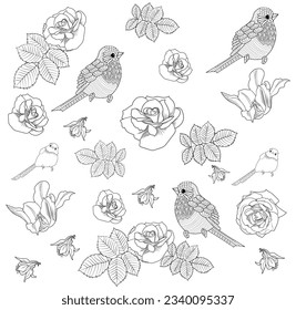 Art therapy coloring page. Coloring book antistress for children and adults. Birds and flowers hand drawn in vintage style . Ideal for those who want to feel more connected to nature.
