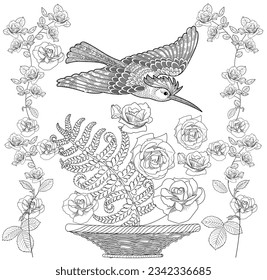 Art therapy coloring page. Coloring book antistress for children and adults. Birds and flowers hand drawn in vintage style . Ideal for those who want to feel more connected to nature.
