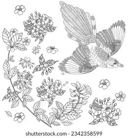 Art therapy coloring page. Coloring book antistress for children and adults. Birds and flowers hand drawn in vintage style . Ideal for those who want to feel more connected to nature.
