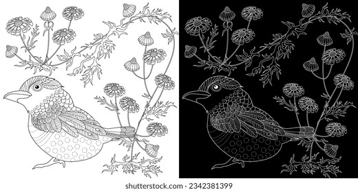 Art therapy coloring page. Coloring book antistress for children and adults. Birds and flowers hand drawn in vintage style . Ideal for those who want to feel more connected to nature.
