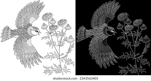 Art therapy coloring page. Coloring book antistress for children and adults. Birds and flowers hand drawn in vintage style . Ideal for those who want to feel more connected to nature.
