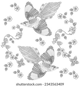Art therapy coloring page. Coloring book antistress for children and adults. Birds and flowers hand drawn in vintage style . Ideal for those who want to feel more connected to nature.
