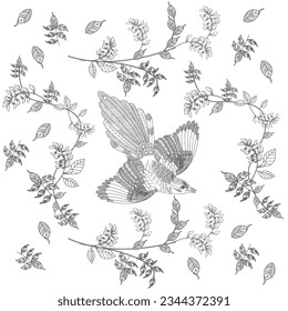Art therapy coloring page. Coloring book antistress for children and adults. Birds and flowers hand drawn in vintage style . Ideal for those who want to feel more connected to nature.
